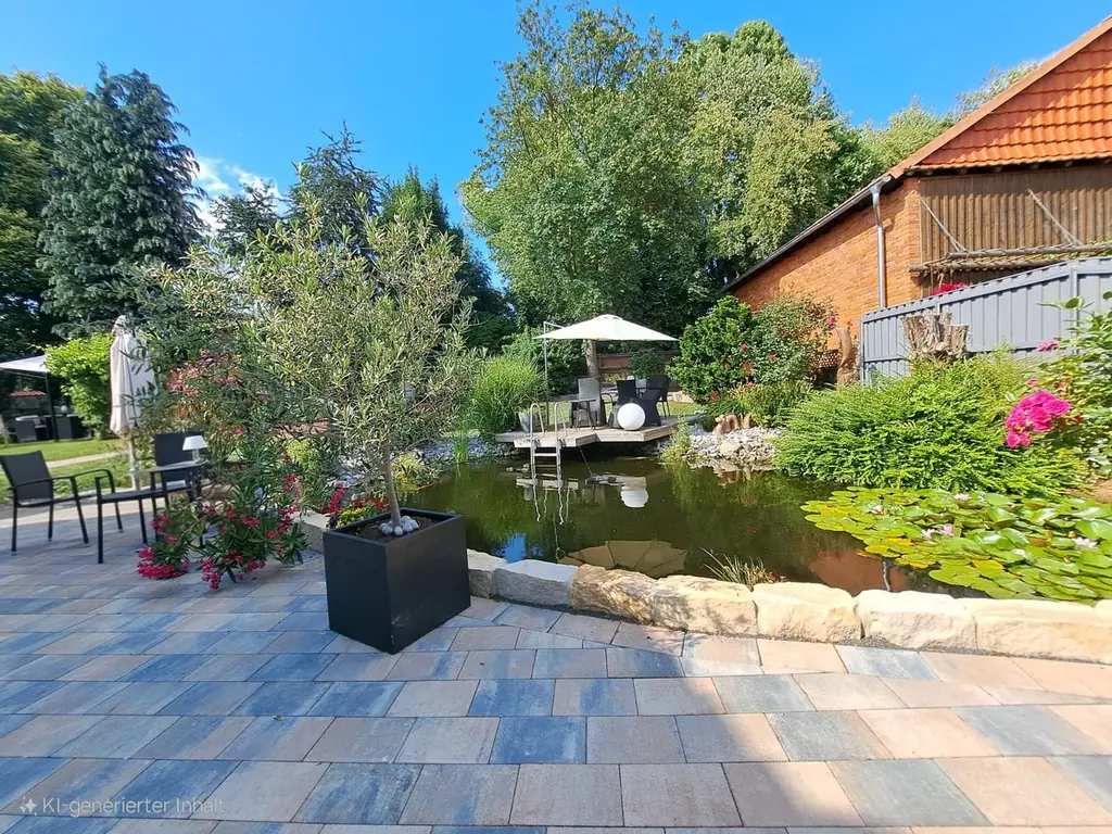 Gepflasterte Terrasse am Koiteich im Relax-Garten